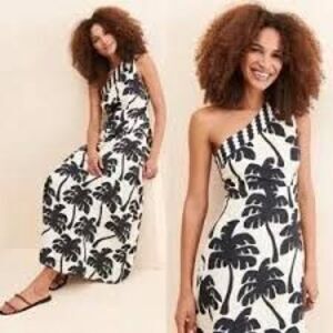 Farm Rio by Anthropologie One-Shoulder Linen Palm Tree Dress